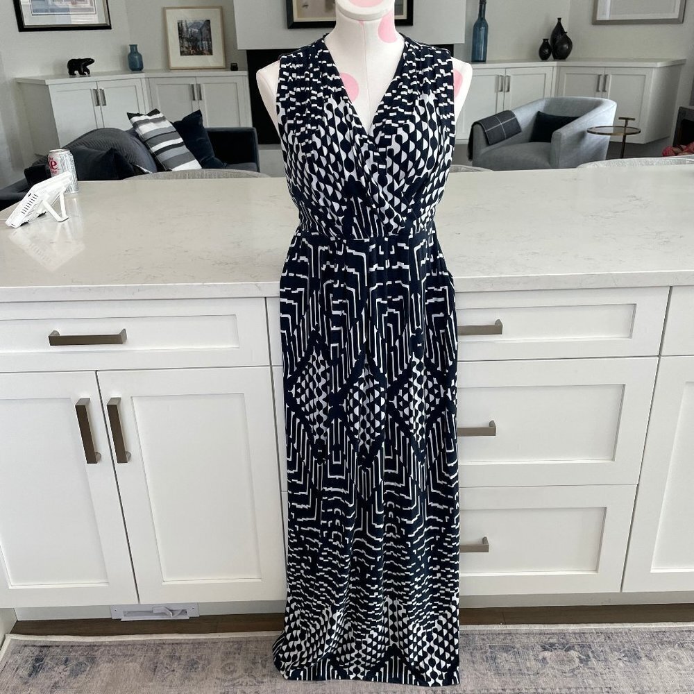 Mario Serrani Italy Slvless V Nk Faux Wrap Geo Print Maxi Dress Navy Sz M